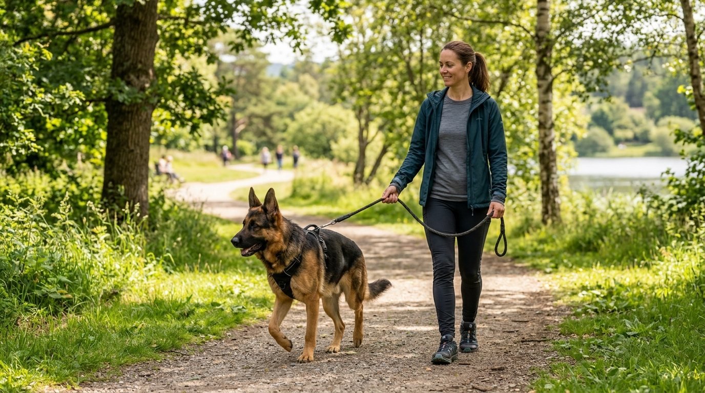 Owner walking a German Shepherd on leash in a park
