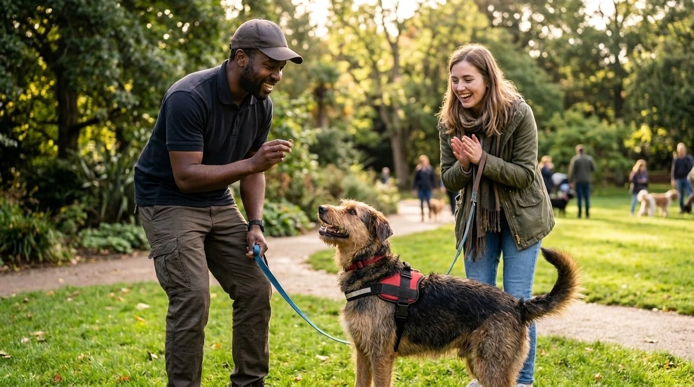 Trainer and owner working with a dog outdoors