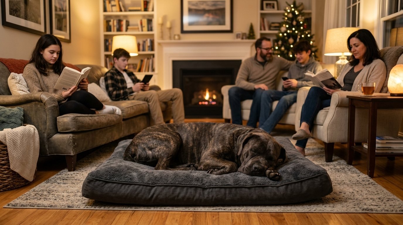 Dog resting calmly with family at home