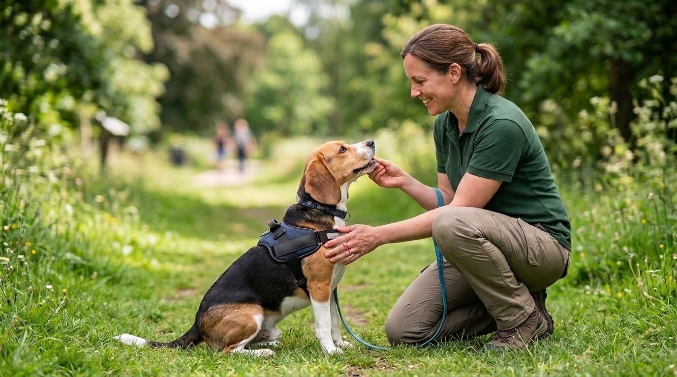 Trainer using calm handling with a dog outdoors