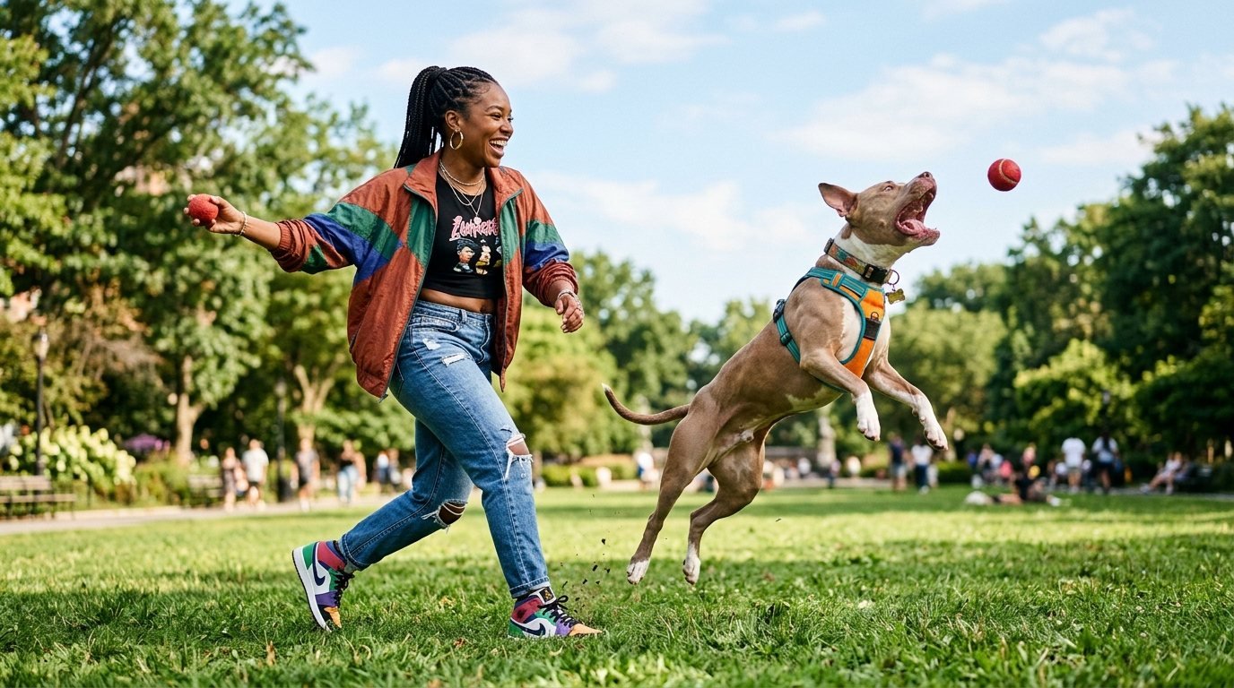 Owner playing with dog in a park