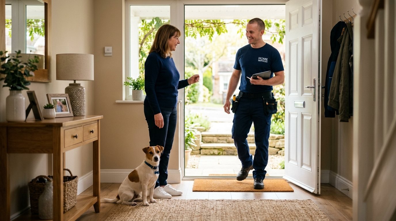 Trainer speaking with a puppy owner at home
