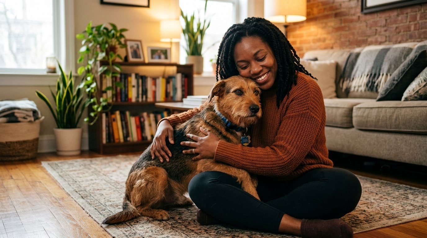Owner sharing a calm moment with a rescue dog