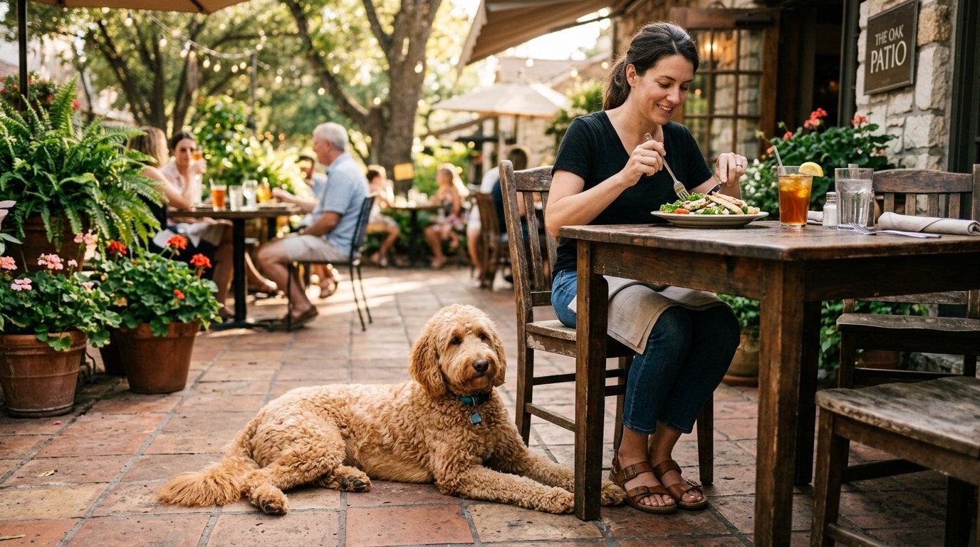 Dog resting calmly beside owner at a public patio