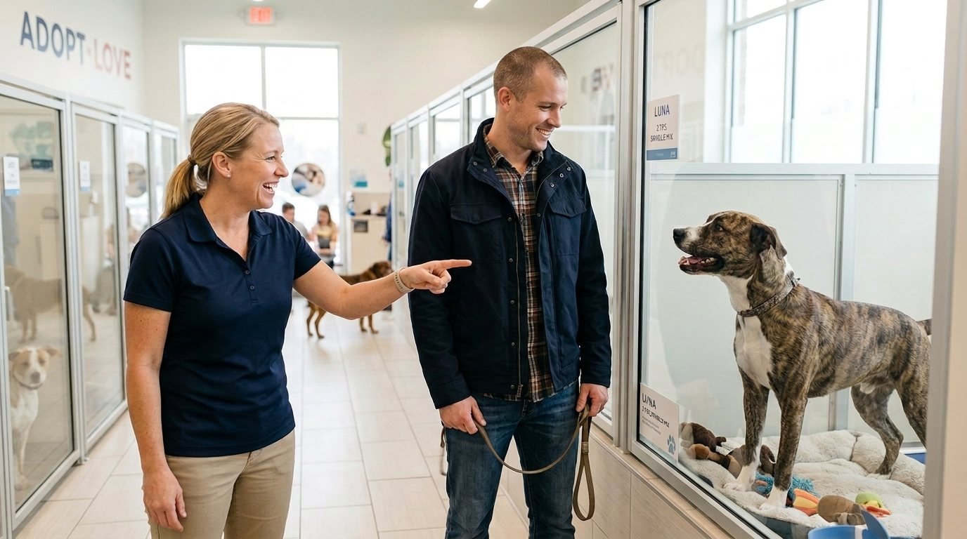 Rescue dog meeting people in a shelter setting