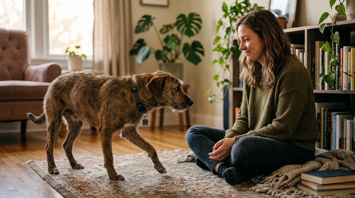 Owner calmly building trust with a dog at home